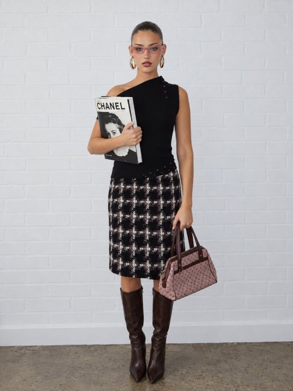 Wool Houndstooth Pencil Skirt Size 6 Black White Red (c1)